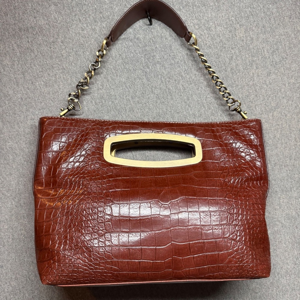 Liz Claiborne Shoulder Bag Croc Embossed Chain Strap Large Clutch Bag Brown - Picture 2 of 7